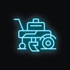 Blue neon icon of a tractor plowing soil for agriculture on a black background