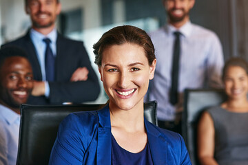 Happy woman, leader and team in office for portrait, business meeting and about us with confidence....