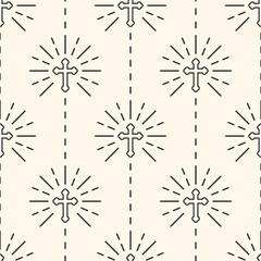Black christian outline crosses on ivory background. Vector seamless pattern.