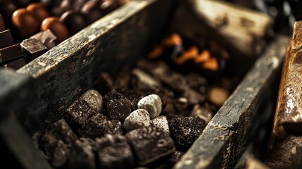 Rustic wooden drawer filled with assorted chocolates and cocoa