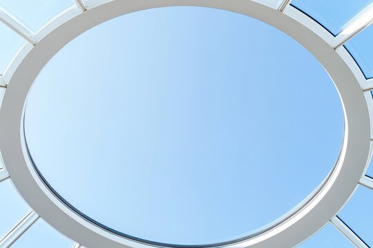 Circular glass roof skylight with clear blue sky view
