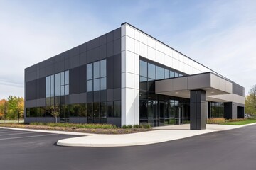 Modern black and white office building with glass facade and parking lot