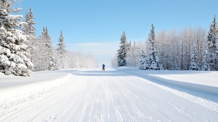 Obraz premium Cross-country skier on snowy trail, winter forest background; travel, leisure