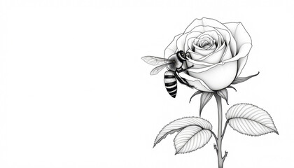 Obraz premium Delicate honeybee hovering near a blooming rose blossom with thin elegant lines on a white background, nature's beauty concept. Black and white a coloring book on white background