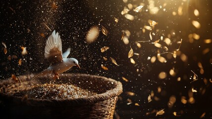 Golden light illuminating a dove flying over a nest