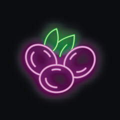 Neon sign illuminating a bunch of three blueberries with leaves, ideal for healthy food or fruit related designs