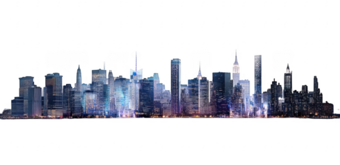 Panoramic view of Manhattan's illuminated skyline at dusk. Urban cityscape with tall buildings and waterfront, isolated on a white background. Concept of New York City