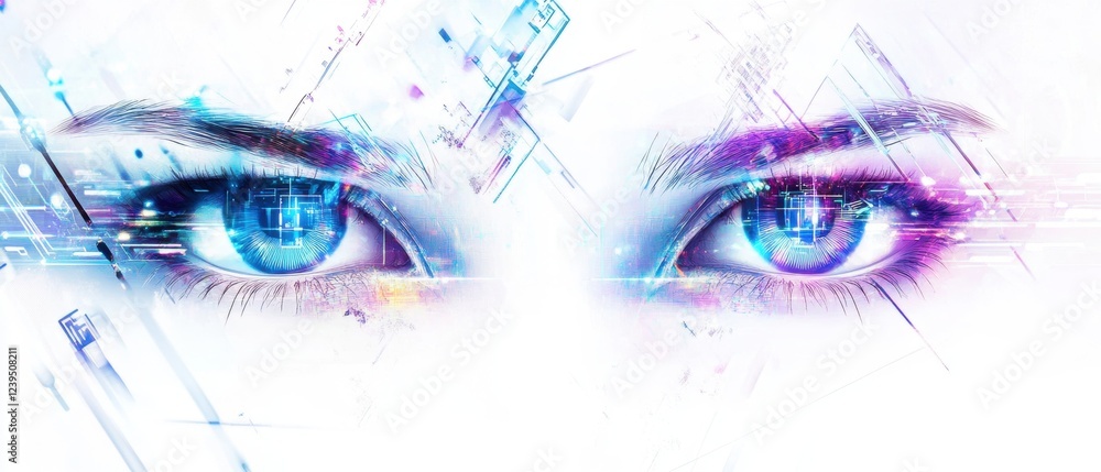 Poster abstract futuristic technology background with digital eyes and glowing elements on a white backgrou