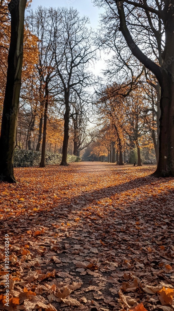 Poster an inviting pathway winds through a park, blanketed with fallen amber leaves. tall trees stretch the