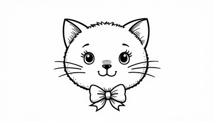 Fototapeta premium Cute cat face with whiskers and a tiny bow on a white background, whimsical coloring book design concept. Black and white a coloring book for kids on white background