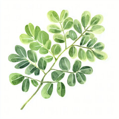 Fototapeta premium Watercolor hand-painted moringa leaves painting illustration isolated on a white background, moringa branch illustration, AI