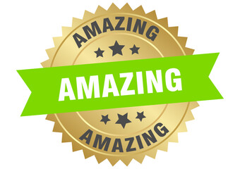 amazing. amazing round green and gold label isolated on transparent background