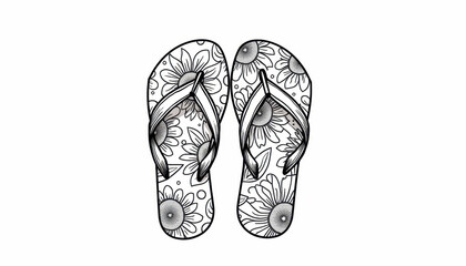 Colorful floral design of flip-flops illustrated in black and white with intricate details on a white background, summer vibe concept. Black and white a coloring book for kids on white background