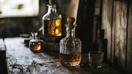 Rustic whiskey bar with vintage glass bottles