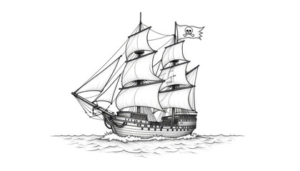 Black and white pirate ship with sails and skull-and-crossbones flag navigating waves, adventurous concept. Black and white a coloring book for kids on white background