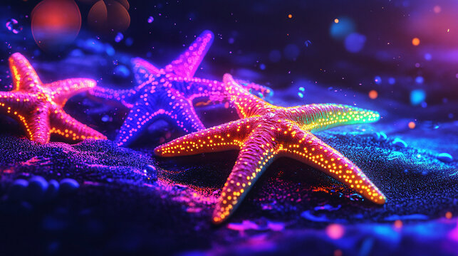 Vibrant neon starfish glowing on a dark ocean floor.