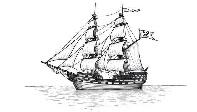 Black and white pirate ship with sails and skull-and-crossbones flag sailing on calm water, adventurous spirit. Black and white a coloring book for kids on white background