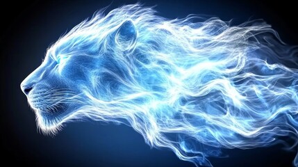 Mystical lion, rendered in shades of blue and white, resembling energy or smoke.  A captivating digital artwork.