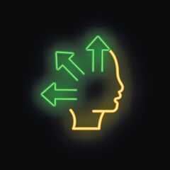 Neon human head silhouette with green arrows pointing in different directions on a black background