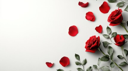 Red roses and petals arranged elegantly on a white background ideal for special occasions and celebrations. Generative AI