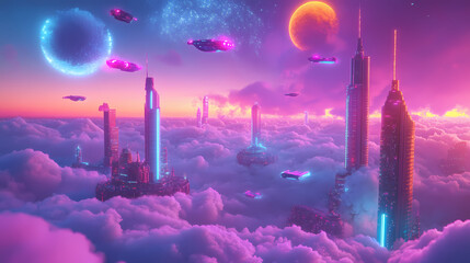 A futuristic cityscape featuring vibrant neon lights and flying vehicles amidst clouds, creating a sense of adventure and innovation in a sci-fi environment. Sci-Fi Influence. Illustration