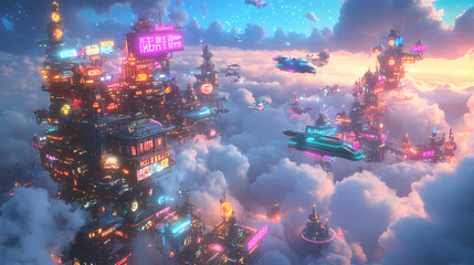 A futuristic cityscape featuring vibrant neon lights and flying vehicles amidst clouds, creating a sense of adventure and innovation in a sci-fi environment. Sci-Fi Influence. Illustration
