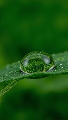 Singular water droplet on leaf displaying mirrored miniature universe