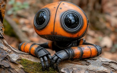 Fototapeta premium Orange robot rests on forest log; autumn leaves background; children's book illustration