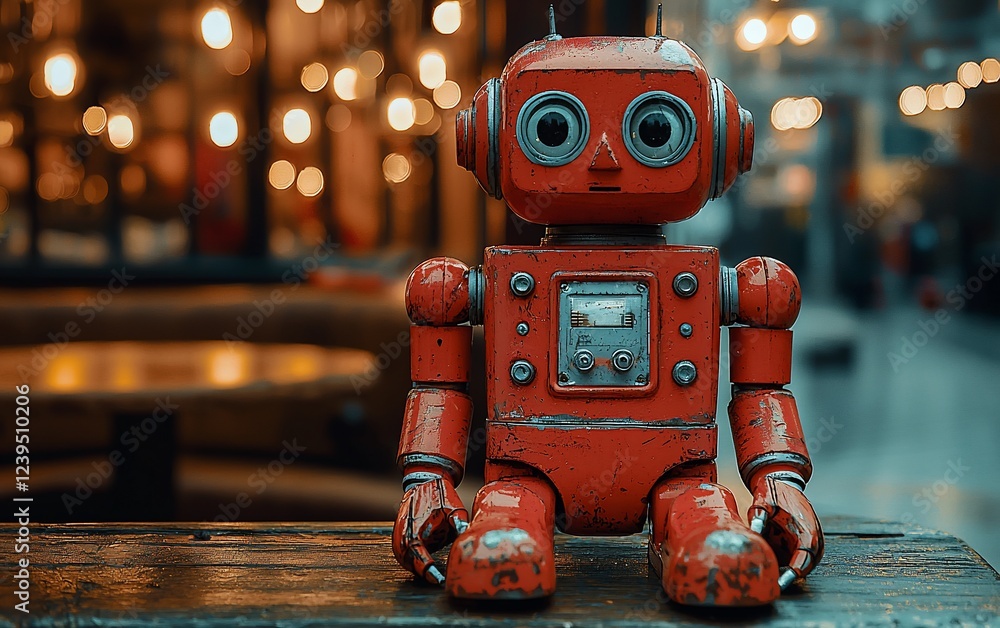 Aufkleber retro robot sits on bench, city lights blurred background; tech nostalgia