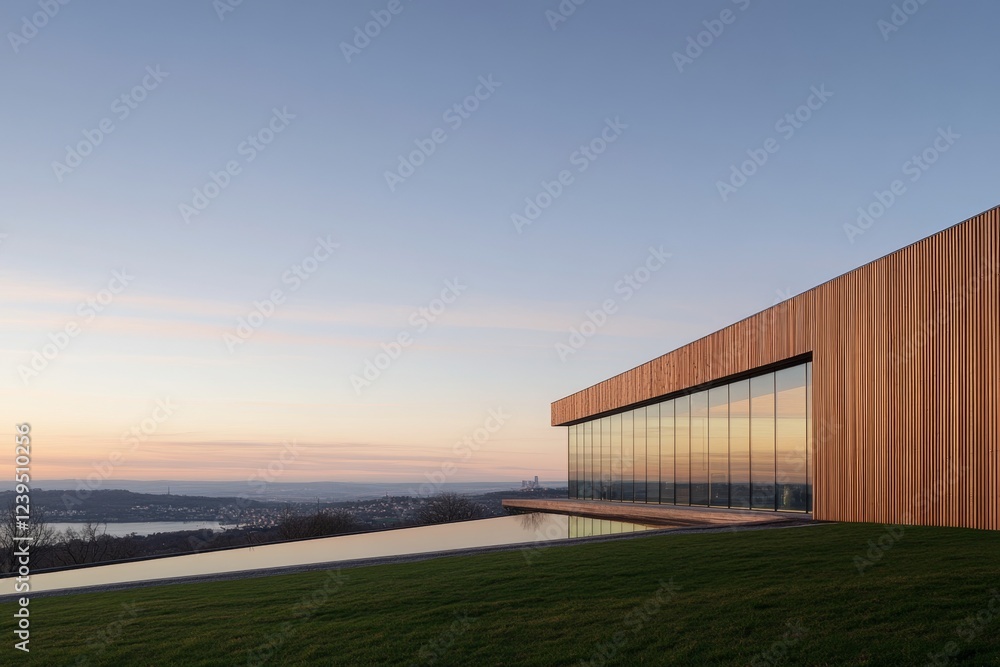 Poster large building with a glass facade and a pool in front of it