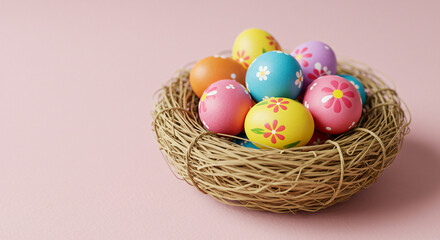 Naklejka premium Feliz dia de Páscoa decoração ovos coloridos no ninho em fundo de papel rosa, com espaço para mensagem