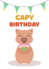 Capybara holding flowers with a festive birthday banner. Cute and joyful greeting card design for birthday celebrations, invitations, and digital prints. Perfect for gift wrapping, party decorations