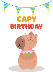 Capybara holding flowers with a festive birthday banner. Cute and joyful greeting card design for birthday celebrations, invitations, and digital prints. Perfect for gift wrapping, party decorations