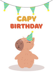 Capybara holding flowers with a festive birthday banner. Cute and joyful greeting card design for birthday celebrations, invitations, and digital prints. Perfect for gift wrapping, party decorations