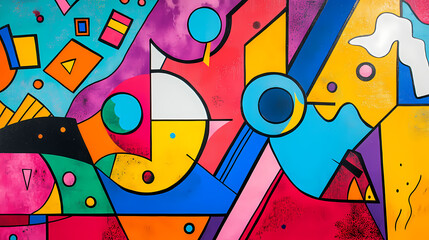 A vibrant and colorful art piece featuring geometric shapes, possibly with a sci-fi or abstract influence. Sci-Fi Influence. Illustration