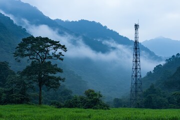 Obraz premium Tall tower is in the middle of a lush green field