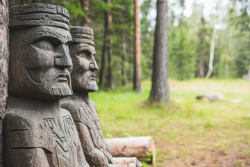 Fototapeta premium Two statues of men are sitting next to each other in a grassy field