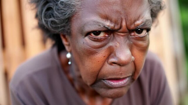 Angry belligerent black senior woman looking at the camera
