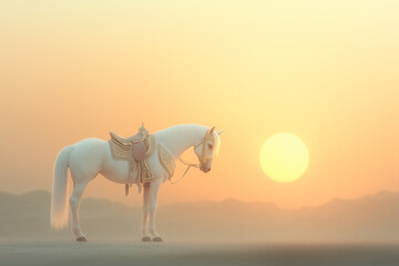 Obraz premium A majestic Arabian horse wearing a decorative saddle and bridle, set against a stunning backdrop of a Middle Eastern desert landscape at sunrise on Eid al-Adha.