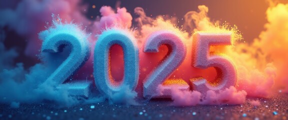 The vibrant numbers 2025 shimmer with a frosty texture, enveloped in a dreamy haze of pink and blue smoke. This captivating scene radiates excitement and anticipation, perfectly capturing the essence
