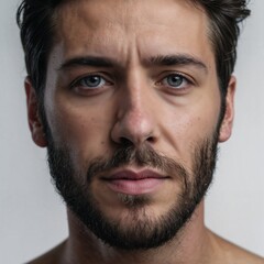 Obraz premium Retrato hiperrealista de un hombre con barba y ojos azules