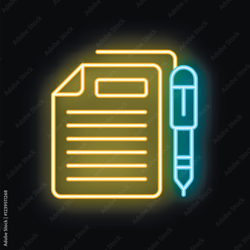 Poster neon icon of a document with lines of text and a pen, glowing on a dark background, representing the