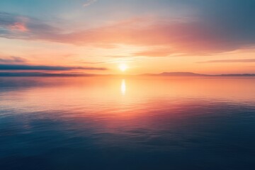 Fototapeta premium Peaceful sunset reflecting on calm water with pastel colors at the horizon. Generative AI