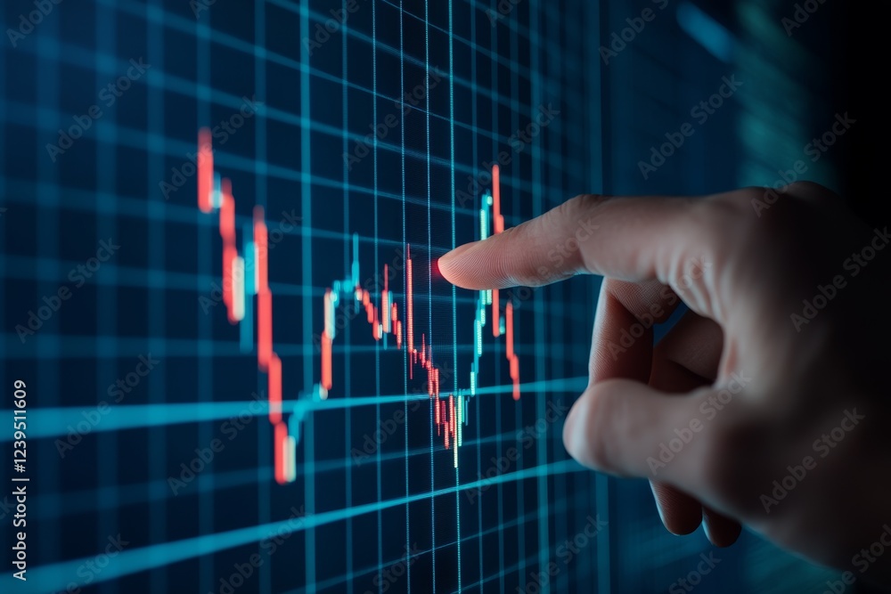 Poster hand pointing at financial graph: analyzing market trends and data visualization