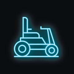 Blue glowing neon sign depicting a modern electric wheelchair, representing mobility and accessibility