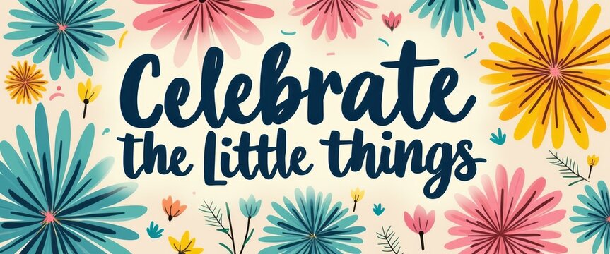 A vibrant and cheerful illustration featuring a variety of colorful flowers surrounding the phrase Celebrate the Little Things. This delightful artwork radiates positivity and joy, encouraging viewers