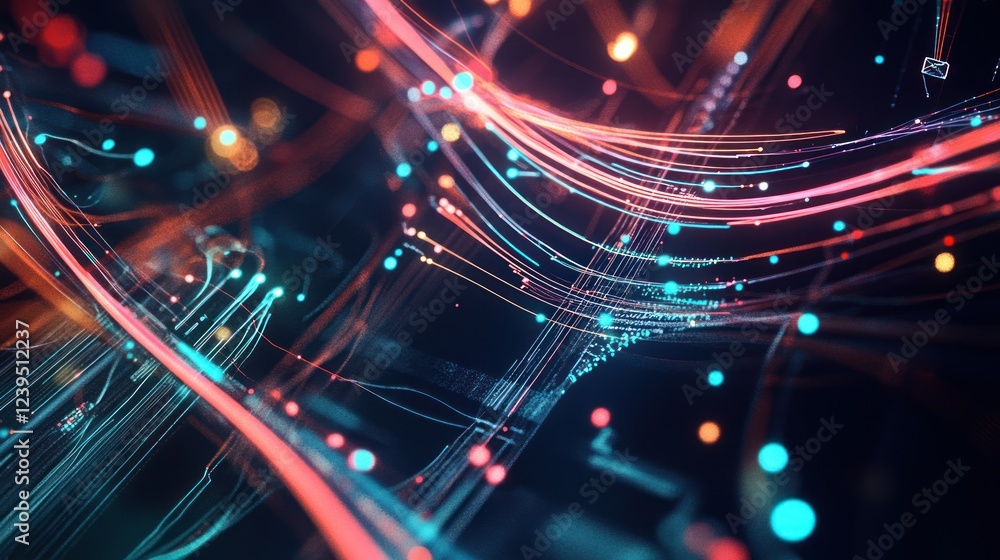 Poster abstract data stream visualization with vibrant glowing lines and bokeh