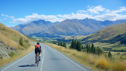 Cyclist riding road bike on scenic mountain road, solo journey through breathtaking landscape, adventure and freedom on two wheels
