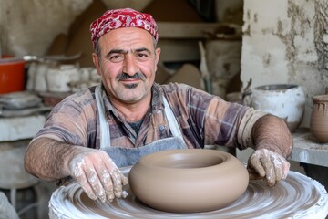 Man is sitting in a pottery studio, making a bowl