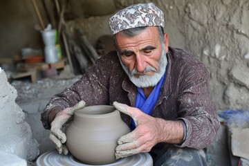 Man is holding a clay pot in his hands